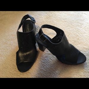 Black stacked heel sandals